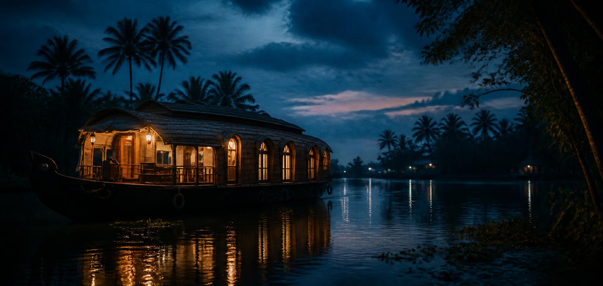 Kerala houseboat glowing on still backwaters at blue hour