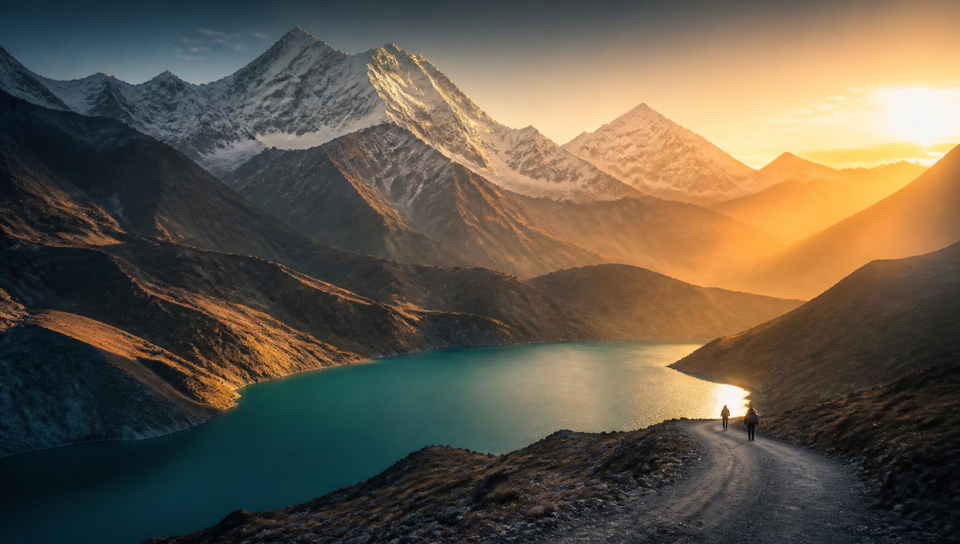 Golden hour over a turquoise Himalayan lake with a winding mountain trail